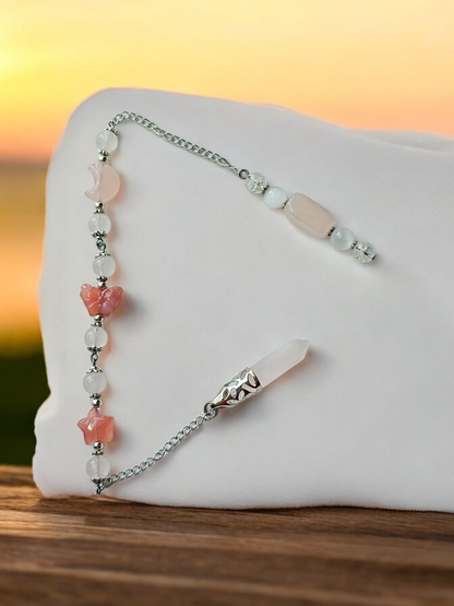 Rose Quartz and Yuan Yuan Agate  with Clear Quartz and Selenite crystal pendulum with beaded chain.