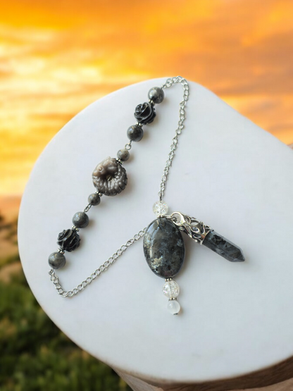 Larvikite, Silver Sheen Obsidian, Black Agate with Clear Quartz and Selenite crystal pendulum with beaded chain.