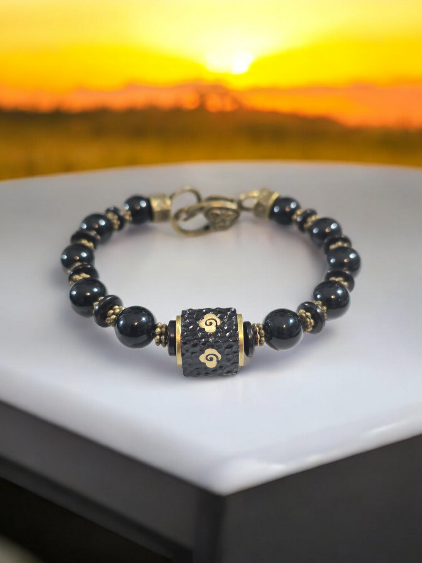 Obsidian with Wood and Brass Focal Bamgle Bracelets. 3 Available