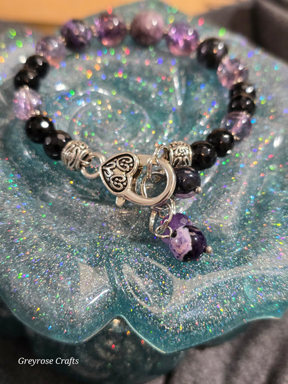 Charoite, Crackle Amethyst and Obsidian Bracelet with Heart Clasp and Beaded Extension