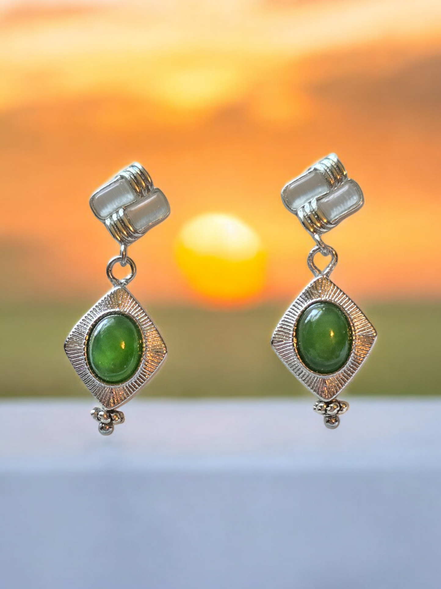 Jade Crystal  Stud Earrings with Dangles