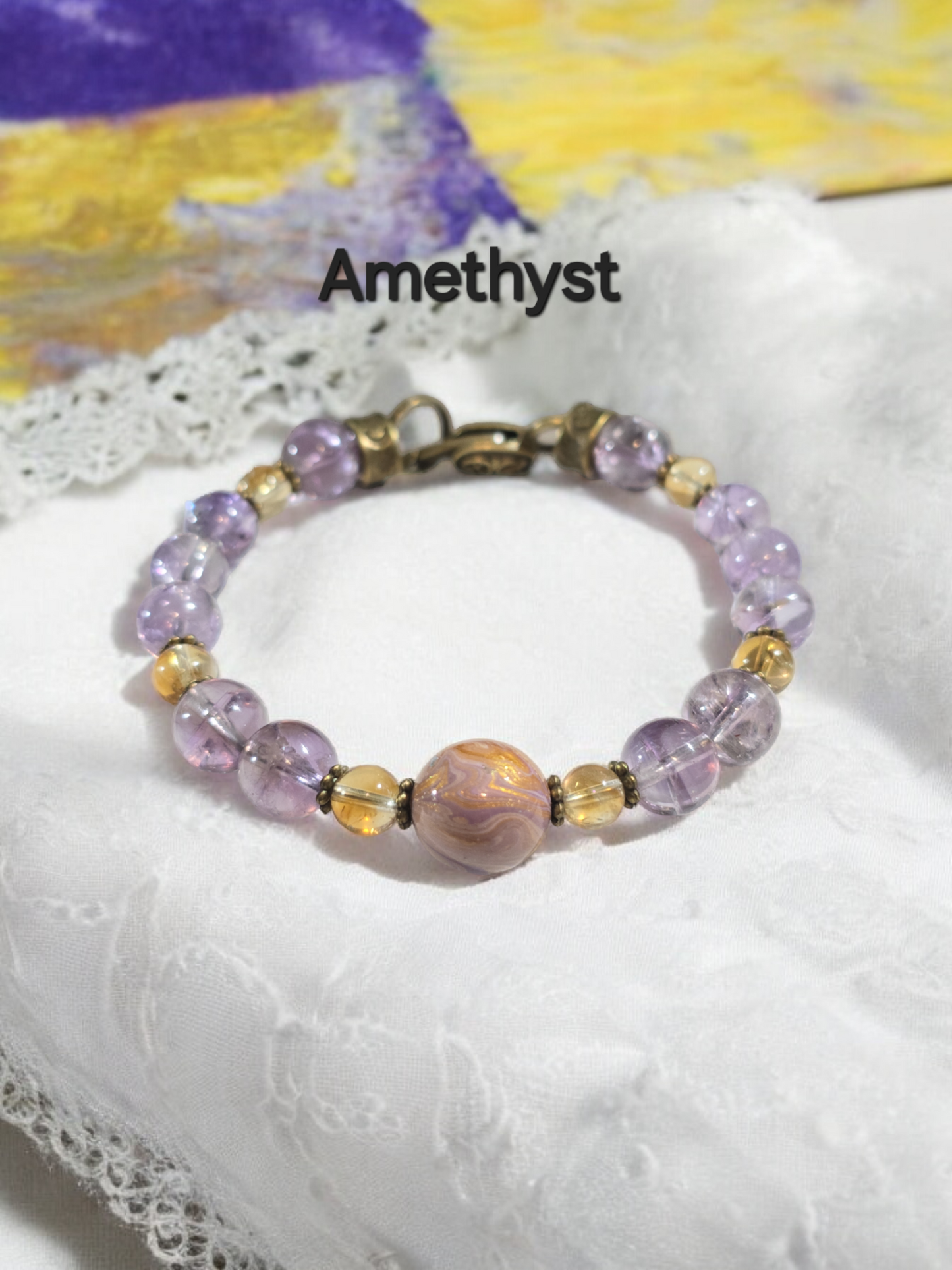 Crackle Amethyst  Bangle Bracelet with Handmade Glass Lotus Focal Beads.