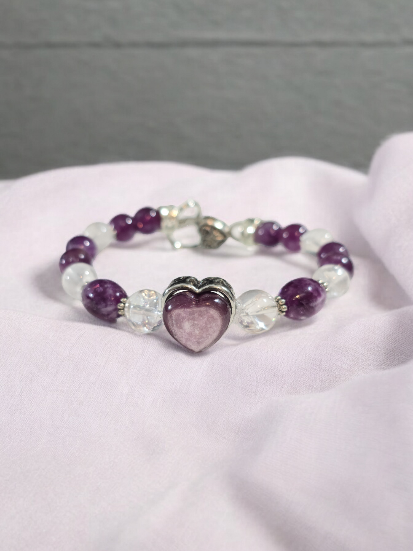 Purple Mica and Crackle Rose Quartz Treasure Box Bangle Bracelet with Heart Clasp.  Fits up to size 7.25" wrist.