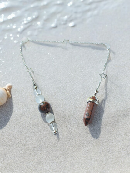 Mahogany Obsidian, selenite and clear quartz crystal pendulum with beaded chain.