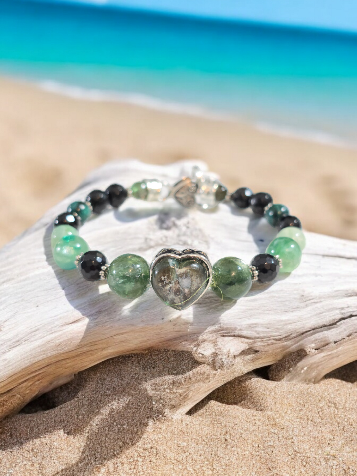 Green Mica and Obsidian Treasure Box Bangle Bracelet with Heart Clasp.  Fits up to size 7.75" wrist.