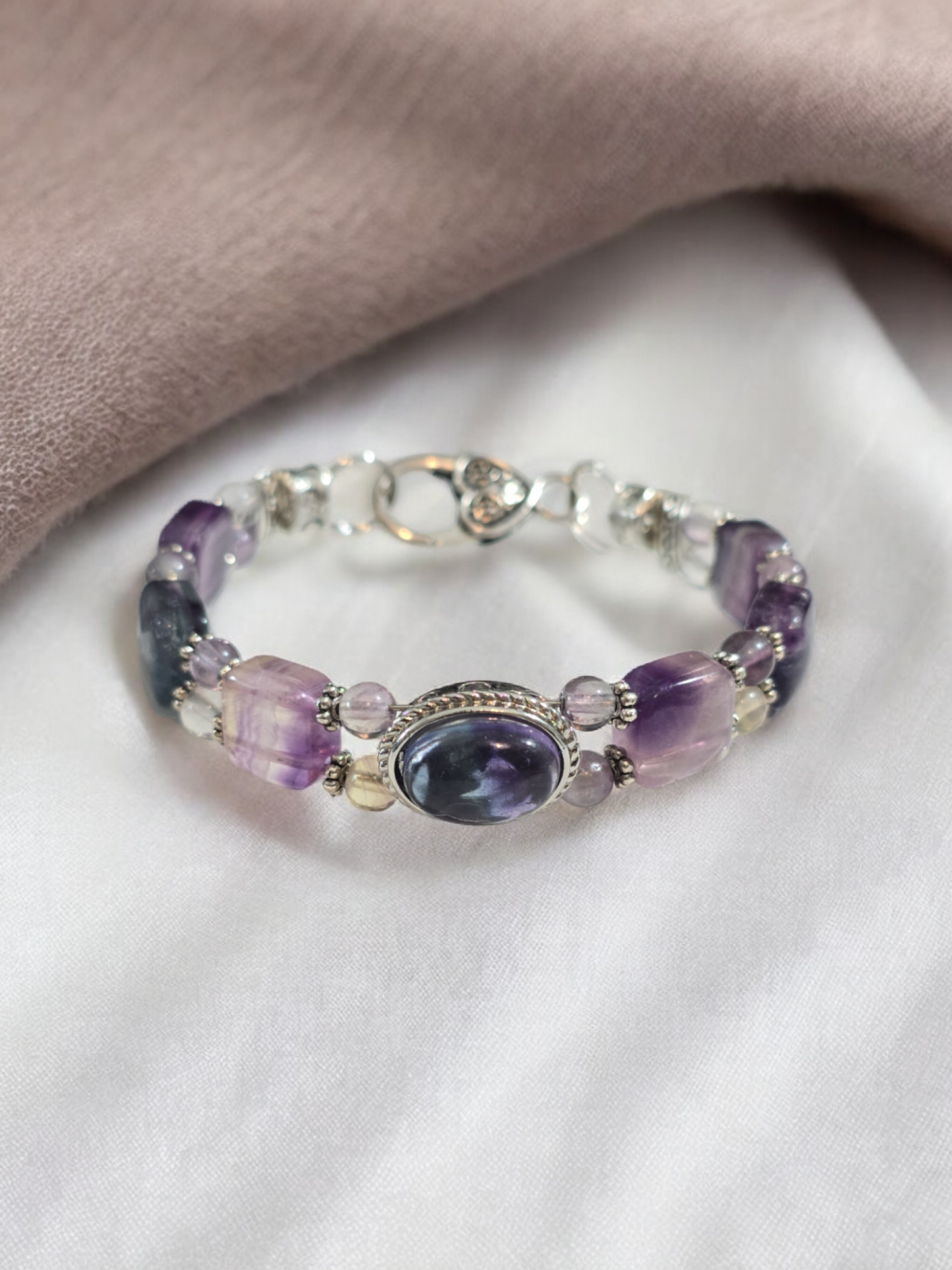 Flourite Treasure Box double wire  Bracelet with Heart Clasp. 4 to choose from.