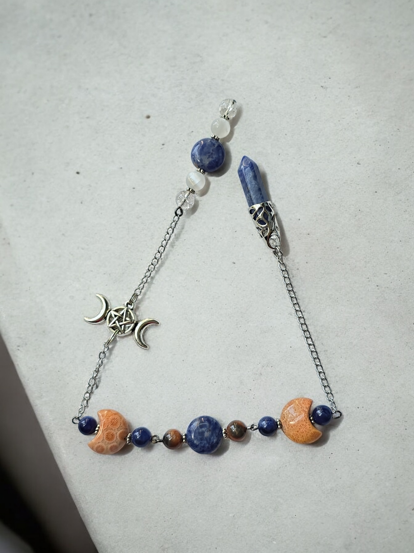 Triple Moon Themed  Sodalite and Coral Jade with Clear Quartz and Selenite crystal pendulum with beaded chain.