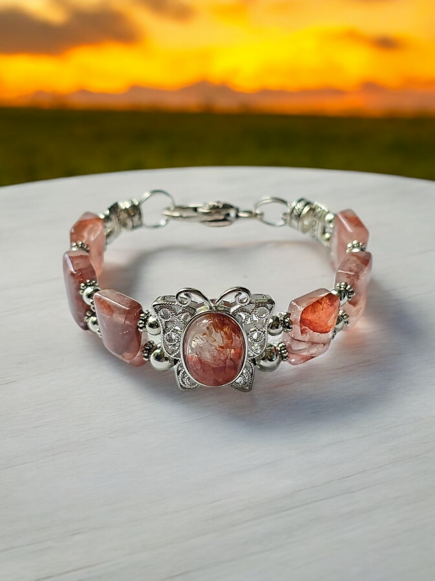 Butterfly Theme Fire Quartz Bangle Bracelet with Heart Clasp Fits Wrist Size up 2 available.